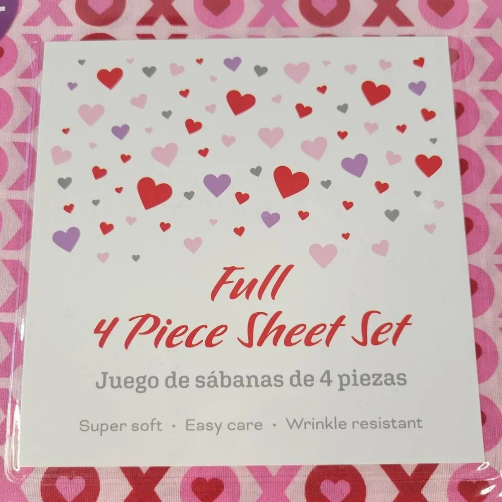Valentines Day Red Pink XOXO KISS Love 4 piece FULL Sheets Set Girls Teen Hearts